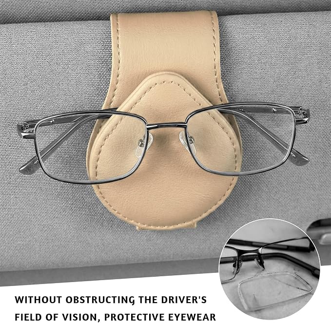Magnetic Sunglass Holder for Car Visor, Leather Vehicle Sunglass Hanger Clamp Card Holder with Magnet, Universal Eyeglass Clamp Visor Ticket Organizer for Cars Trucks SUVs (Beige) - Image 5
