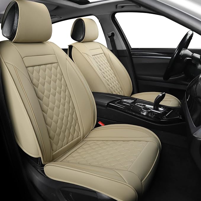 Car Seat Covers Full Set,Universal Fit for Most Cars,SUV,Sedans and Pick-up Trucks,Automotive Vehicle Faux Leather Cushion Covers for 5 Passenger Cars(Full Set,Beige) by Vankerful