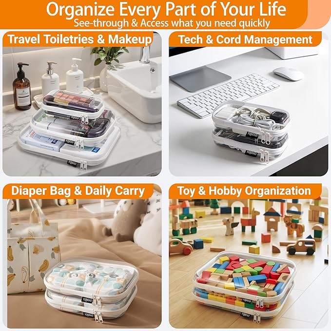 YQBRAO Clear Hard Shell Organizer Set, 2-Pack, White | Two small rigid PET organizers for cosmetics, travel accessories, cables, personal items and everyday organization - Image 5