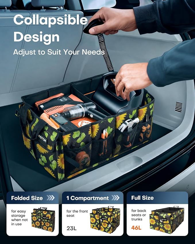 HOTOR Trunk Organizer - Foldable Car Organizer for SUVs & Sedans Storage | Sturdy Car Organization for Men & Women, Car Accessories, Tools, Sundries, Sunflower, 2 Compartments, 21.3" x 12.6" x 10.6" - Image 5