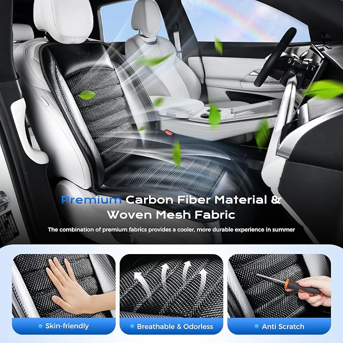 Coverado Cooling Car Seat Cover, Ventilated Seat Cushion with Dual Turbo Fans, 3 Wind Speed, Built-in USB Ports, Breathable Mesh & Carbon Fiber Fabric, Cooled Seat Cover Universal Fit for Cars, Gray - Image 3