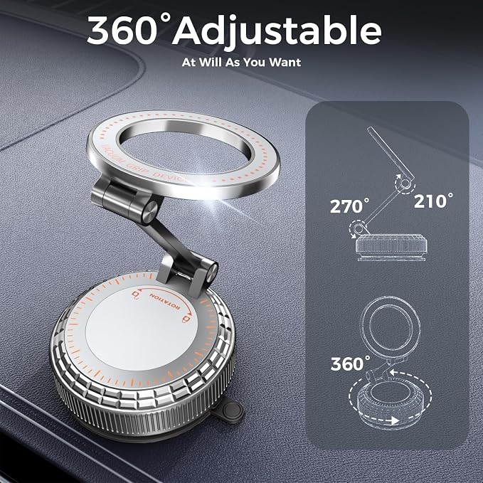 Metal Magnetic Car Phone Holder for Magsafe Phone, Silver | 360° Adjustable Car Phone Mount, Suction Cup Phone Holders for Your Car for iPhone 17-12 Pro Max Air Plus & Android - Image 4