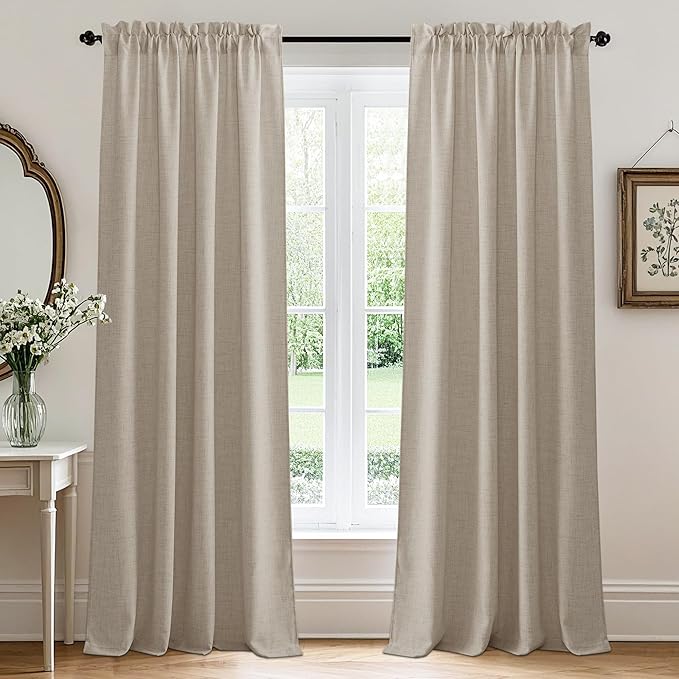 RYB HOME Linen Textured Semi Sheer Curtains 63 inches Long for Living Room | Half Privacy, Light Filtering, Faux Linen Blend, Office Nursery Laundry Dorm Bathroom, Natural, W52 x L63, 2 Panels Set by RYBHOME