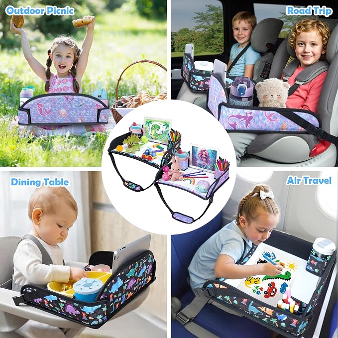 Kids Travel Tray for Carseat, Carseat Tray Dinosaur & Mermaid 2PCS | With 16.7" x 13.4" Smooth Dry Erase Board, Cup holders, Ddjustable Strap & Shoulder Carry Strap - Image 8