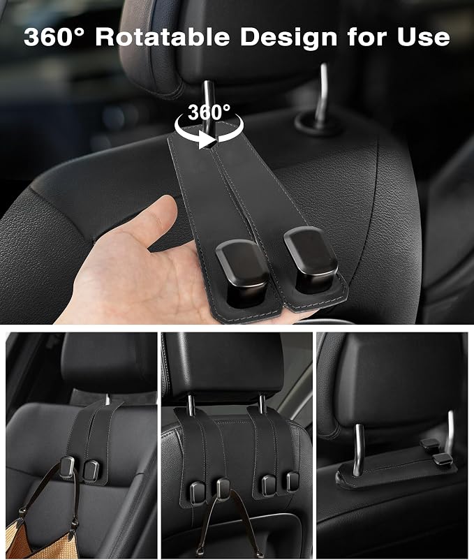 Car Hooks for Headrest, 2Pcs Seat Back Storage Hook Luxurious Leather 100% Metal Multifunctional Car Hanger & Holder for Heatrest, Seat, Bag, Purse (Black) - Image 4