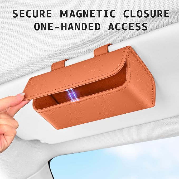 Magnetic Sunglasses Holder for Car Visor, PU Leather Clip, Orange | Soft Inner Lining, One-Handed Access, Holds Eyeglasses, Parking Tickets and Receipts, For Cars, SUVs and Trucks, 1 Pack - Image 2