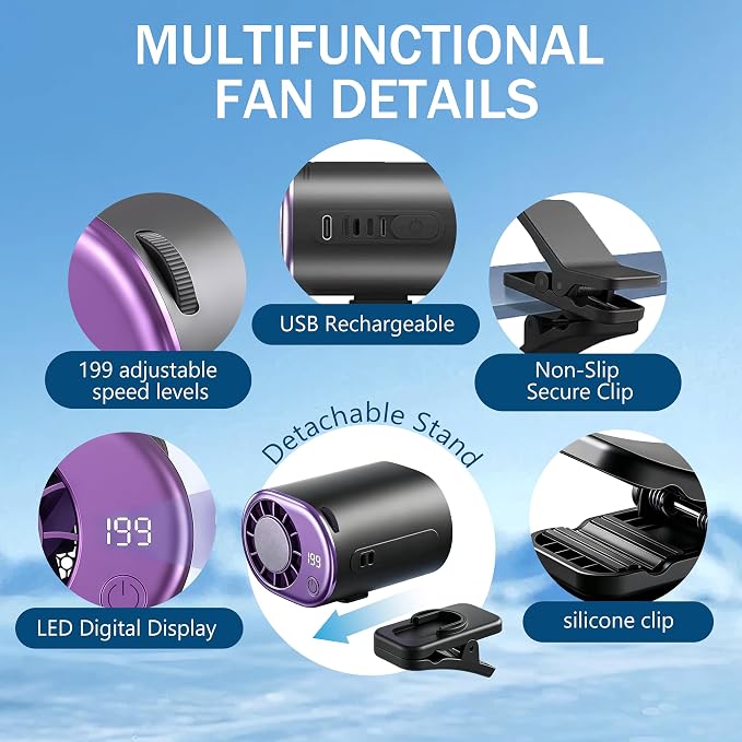 360 Rotating Semi-Cooling Clip Fan for Car, Mini Ac Unit for Car with 199 Speeds Adjustable USB Rechargeable Led Display, Portable Clip On Ac for Cars, Neck, Waist, Office, Stroller, Outdoor (Gray) - Image 5