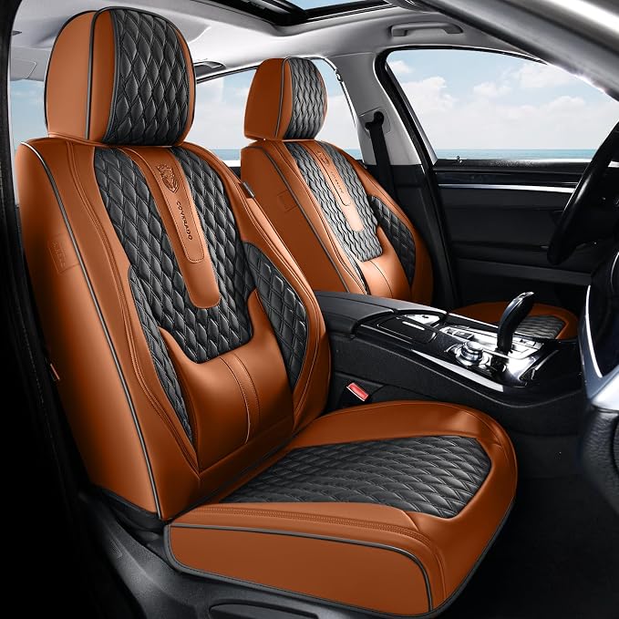 Coverado Car Seat Covers Full Set, Nappa Leather Seat Covers for Car, Waterproof Car Seat Protector with Lumbar Support, Automotive Seat Covers Universal Fit for Most Cars SUV Trucks (Brown-Black) - Image 2