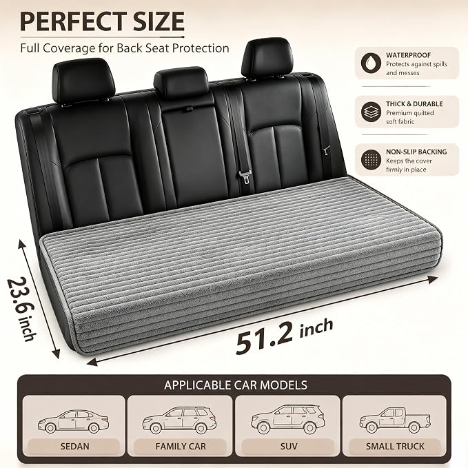 Dog Car Back Seat Bed Waterproof Non Slip Washable Pet Cover | Ultra-soft plush flannel pad soothes pet joint discomfort Vacuum compressed, heavy duty tear-resistant fabric(Light Grey) - Image 2