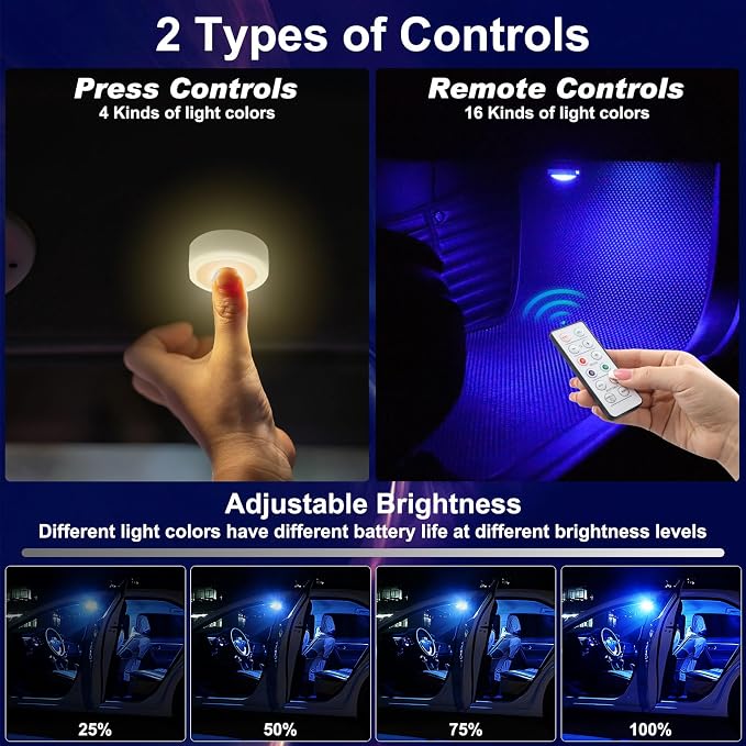 4 Pcs Magnetic Wireless Interior Car Led Lights with Remote Control | 16 Colors USB Rechargeable, Touch Ambient Led Lights for Decor - Image 4