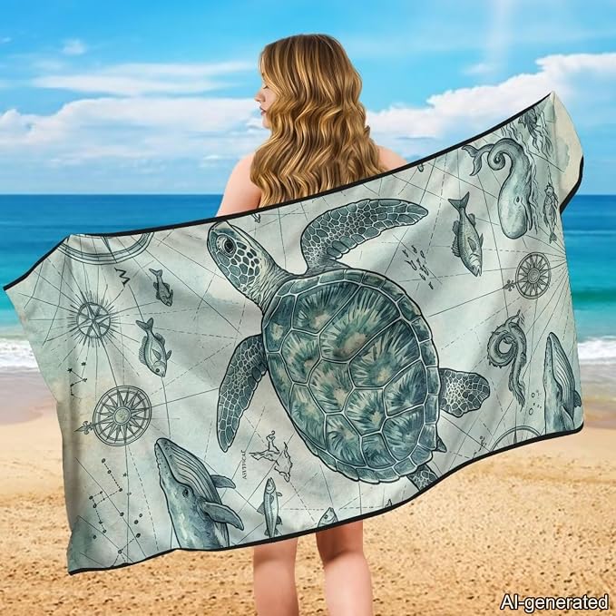 Sea Turtle Print Car Seat Towel Cover After Gym Dolphin Whale Print Car Seat Hoodie Towel Vintage Sports Towel for Gym Workout, Running, Swimming, Beach and Hiking - Image 3