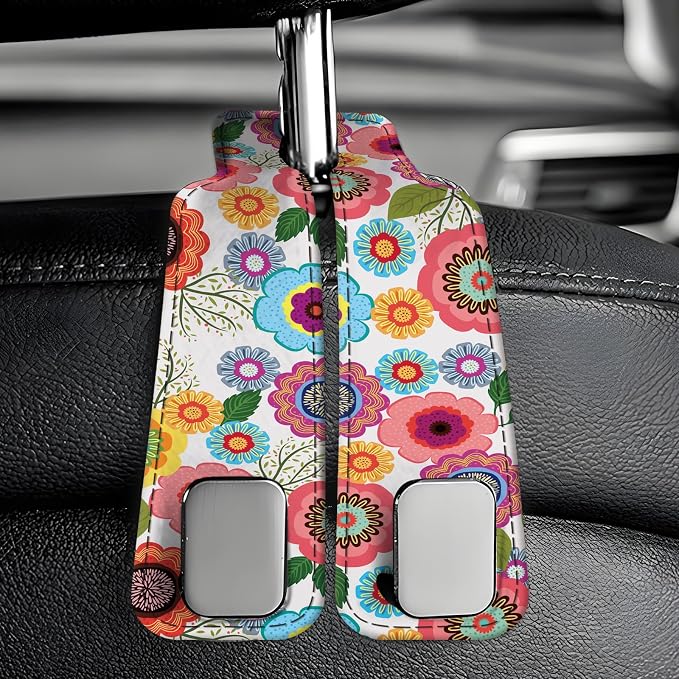Car Seat Back Storage Headrest Hook, Premium Leather Double Metal Hook, Hanger Storage Organizer for Purse Cloth Bag, Car Interior Accessories Boho Cute Flowers - Image 6