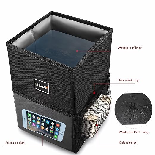 Beicarin Car Trash Can with Lid - Car Trash Bag Hanging with Storage Pockets Collapsible and Portable Car Garbage Bin, Leak-Proof Car Organizer, 1.82 Gallons Multipurpose Trash Bin for Car - Image 3