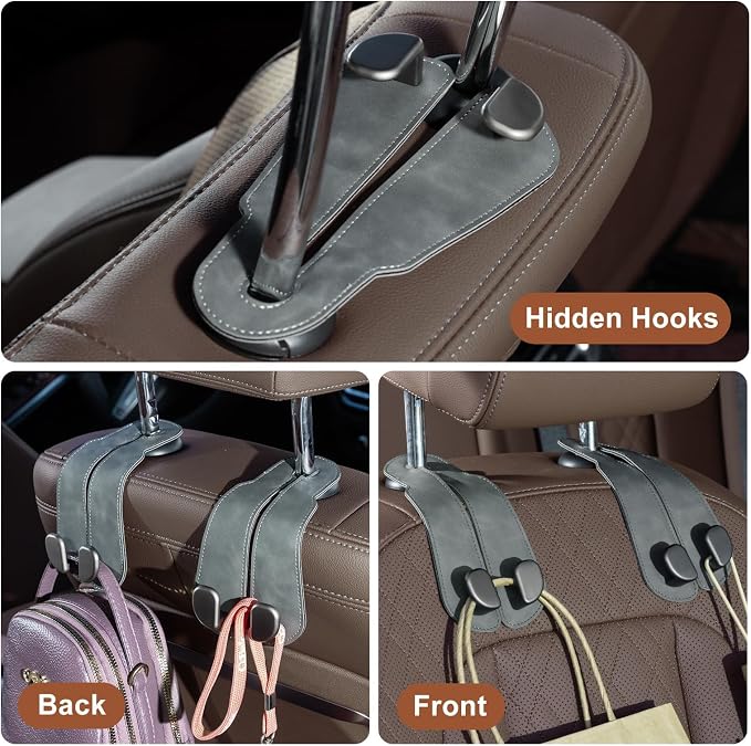 CoBak Purse Hook for Car - Universal Premium Stitched Leather and Aluminum-Magnesium Alloy Double Car Seat Back Storage Hook for Purses, Handbags, Bags (4 Pack),Gray - Image 6