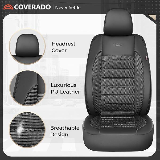Coverado Car Seat Covers Full Set, Luxury Leather Car Seat Covers, Automotive Front and Rear Mesh Seat Covers, Full Set 5 Seats, Black Seat Covers for SUV Sedan Truck - Image 7