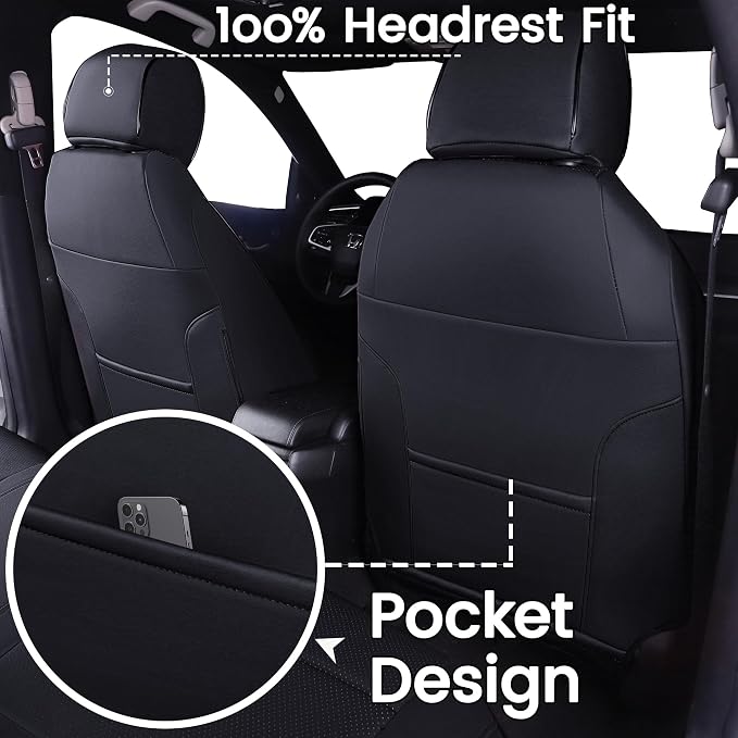 HKZ Custom Fit Civic Seat Covers for Honda Civic 2016 2017 2018 2019 2020 2021 Hatchback EX,Sport Touring,EX-L - 5-Seats Leather Full Set,Black - Image 6