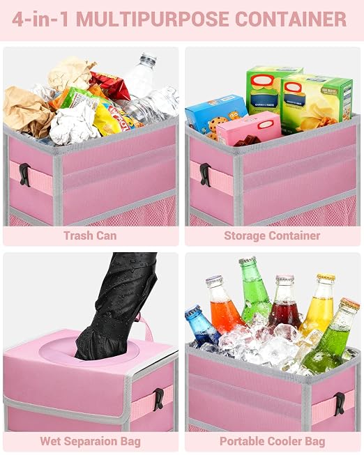 Capolo Car Trash Can with Lid, Leakproof Car Garbage Can Car Trash Bag | Waterproof, Trash Can for Car, 3 Mesh Pockets, Mini Hanging Vehicle Car Trash Bin, for Back/Front Seat (Pink,3 Gal) - Image 5