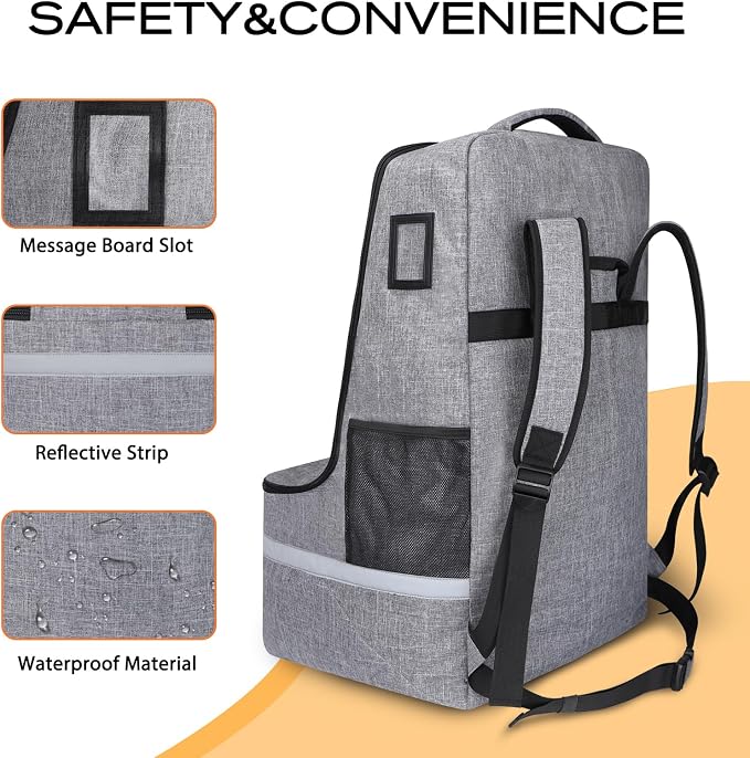 LARIPOP Car Seat Travel Bag for Airplane, Universal Gate Check Car Seat Bag, Padded Backpack with Waist Belt, Reflective Strips & Protective Feet, Fits Infant Convertible Booster Seats, Grey - Image 3