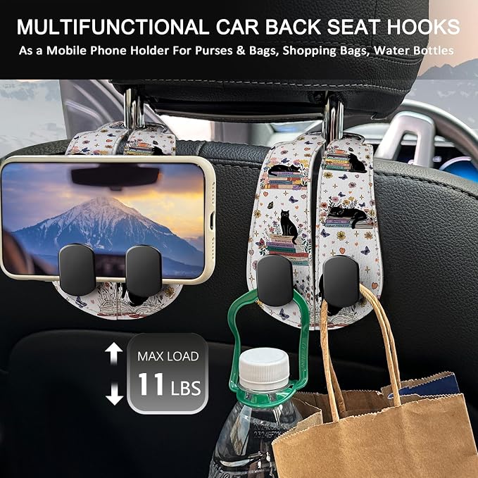 Blusabaca 2PCS Car Seat Headrest Hooks, Purses Bags Holder, Book Lover Cat | PU Leather, Double Metal Back Storage Hangers for Grocery Bags Handbags Bottles Coats Phones, Car Accessories Organization - Image 3