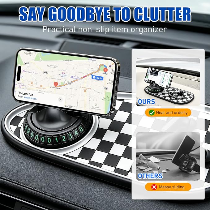 Multifunctional Car Anti-Slip Mat, 360° Rotatable Car Anti Slip Mat Phone Holder, Universal Dashboard Pad with Temporary Parking Number, Dashboard Accessories for Sunglass Chapstick (Black Brown) - Image 4