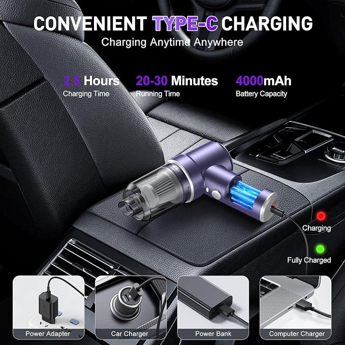 KMM Handheld Car Vacuum Cleaner, Hand Held Vacuum Cleaner & Air Duster | 9000PA Strong Suction, 120W High Power, Portable, Cordless, Rechargeable, Multi-Nozzles & LED Light, For Home, Car, Office - Image 5