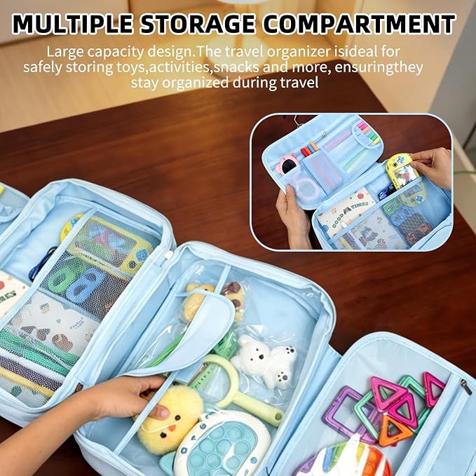 Travel Organizer, Portable Storage Bag for Toys, Snacks, & Activities, Travel Waterproof Organizer Bags with Hook & Carry Handle, Multi-Compartment (Blue) - Image 5