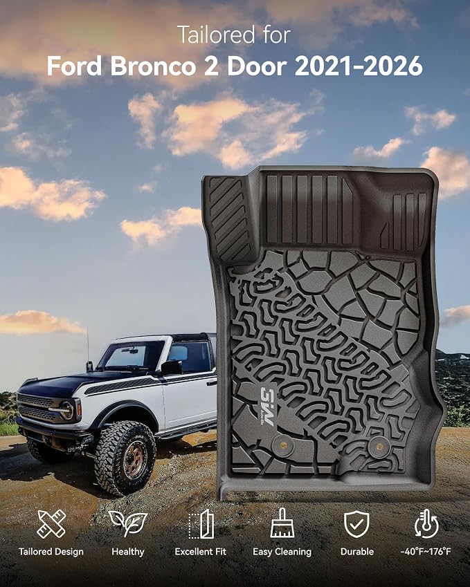 3W Floor Mats & Cargo Liner for 2021-2026 Ford Bronco 2 Door | (Not for Bronco Sport & Rubberized Floor)All Weather TPE Car Accessories Custom Fit Floor Liner and Full Set Car Mats - Image 2