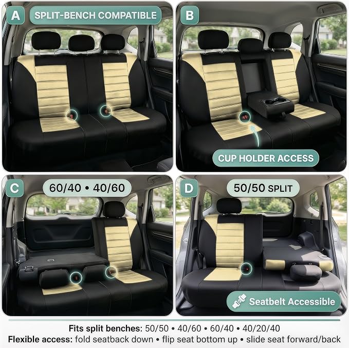 FH Group Automotive Car Seat Covers Rear Set Premium 3D Air Mesh Seat Covers, Airbag Compatible and Split Bench Cover Universal Fit Interior Accessories for Cars Trucks and SUVs - Beige - Image 2