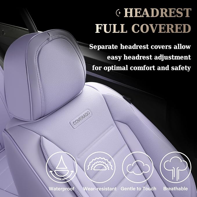 Coverado Car Seat Covers Front, Seat Covers for Cars, Waterproof 2-Pack Car Seat Cushions, Leather Carseat Seat Protectors, Universal Seat Covers Fit for Most Sedans SUV Pick-up Trucks(Purple) - Image 6