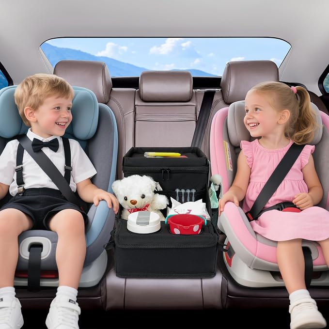 Car organizer for kids ，Backseat Organizer for Kids and Passenger Seat Organizer for Adults ，Car Seat Cooler and Warmer with Cup Holders and Convertible Tray Lid(Black) - Image 2