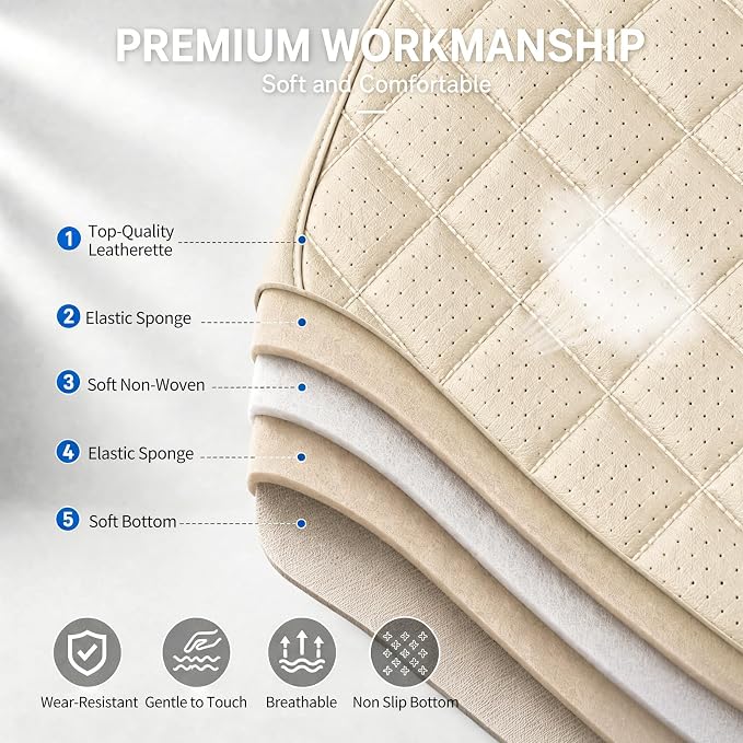 Fit Canyon Car Seat Covers for GMC Canyon 2015-2025 2026 - Luxury Leather, Anti-Slip, All-Weather, Waterproof & Breathable, Airbag Compatible, 2 Front Seats Only (Beige) - Image 7
