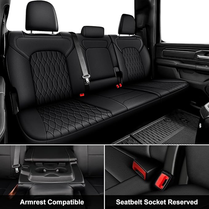 AOMSAZTO Custom Fit Seat Covers for Dodge RAM 1500 2019-2026 Black Grid | Ram Crew Cab Only, fit Seat-back Armrest Model, Pickup Seat Covers, Premium Faux Leather, Perfect Fit, Airbag Compatible - Image 2