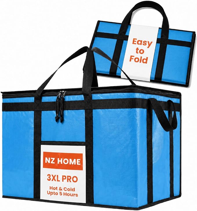 NZ home PRO Large Insulated Food Delivery Bag (3XL, Blue, 1 Pack) | Thermal bag, For cold & hot food, Water-resistant, Portable cooler, Soft sided catering tote, Grocery bag with zippered top by NZhome