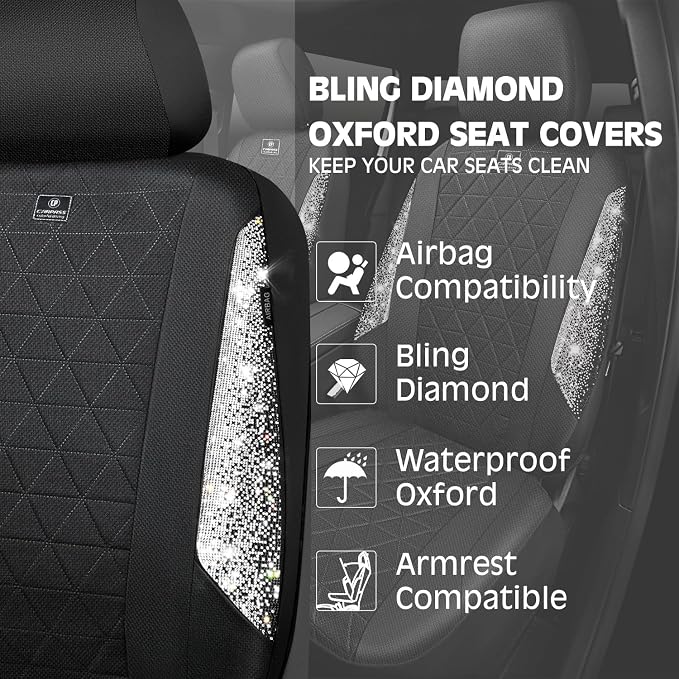 CAR PASS Oxford Bling Diamond Car Seat Covers Full Set Interior Sets, Waterproof Shining Glitter Sparkly Crystal Universal Armrest Fit 95% Automotive Truck SUV Cute Women Girl, Black Silver Rhinestone - Image 6