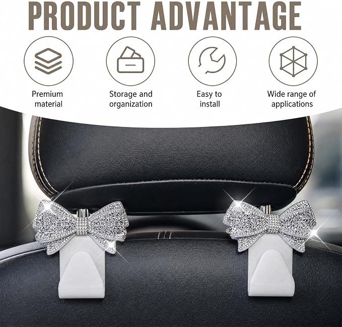 2-Pack Bling Car Seat Headrest Hooks, S Type Crystal Seat Back Hangers, Vehicle Seat Back Storage Hooks, Universal Car Rear Seat Organizer for Handbag, Purse, Coat, Grocery Bags (White) - Image 3