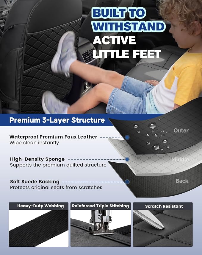 Seat Back Protectors for Kids, Car Kick Mats for Front Seats (Black) | With Large Pocket Organizer, Waterproof, Protects Against Dirt, Scuffs & Scratches, Fits Most Vehicles, 2PCS - Image 5