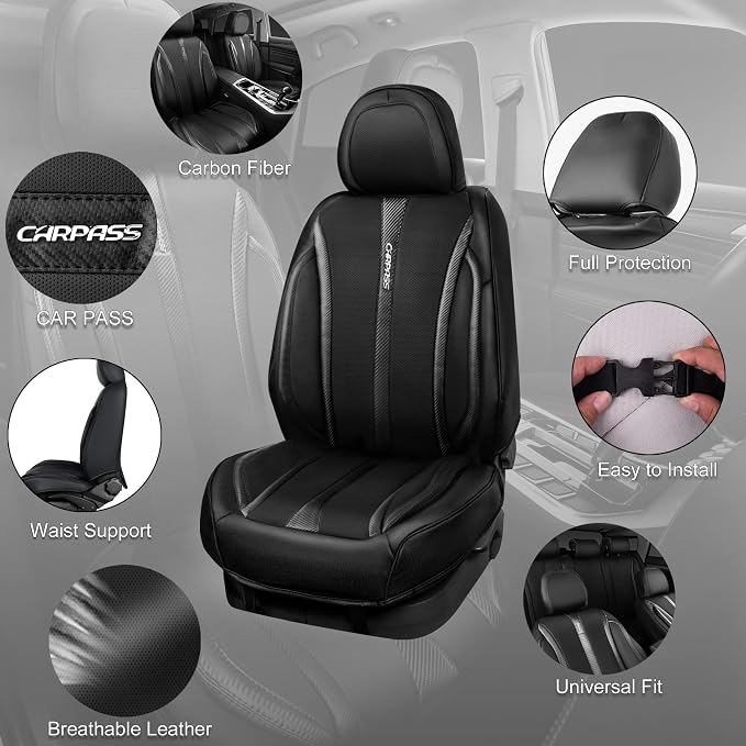 CAR PASS Carbon Fiber Nappa Leather Car Seat Covers Front Only Cushioned Leatherette 2 Piece Padded Waterproof Universal Fit for Cars SUV Truck Pickup Automotive Vehicle Interior, 2PCS Black - Image 5