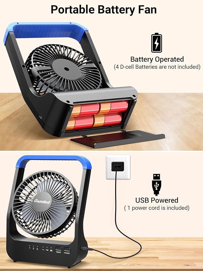 Gazeled Battery Operated Fan, Camping Fan Battery Powered, Super Long Lasting, 5'' Portable D-Cell Battery Powered Desk Fan with Timer, 3 Speeds, Quiet, 180° Rotation, for Office,Bedroom,Outdoor, F24 - Image 2