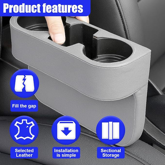 YoRise Car Cup Holder, PU Leather Automotive Cup Drink Holder, Car Seat Gap Filler Storage Box, Multifunctional Front Seat Organizer, Cell Mobile Phone Holder, Coin Bucket (Gray) - Image 5