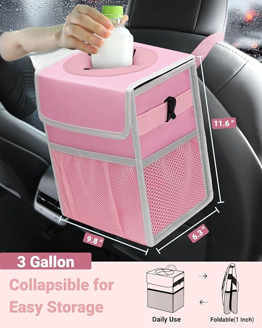 Capolo Car Trash Can with Lid, Leakproof Car Garbage Can Car Trash Bag | Waterproof, Trash Can for Car, 3 Mesh Pockets, Mini Hanging Vehicle Car Trash Bin, for Back/Front Seat (Pink,3 Gal) - Image 2