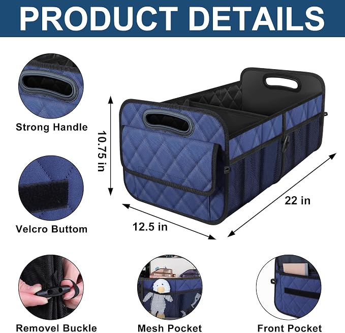 Deosk Car Trunk Organizer for SUV, Car Organizers and Storage with Reinforced Handles, Car Accessories for Women/Men 50L Waterproof Polyester Trunk Organizer(Medium, Dark Blue) - Image 3