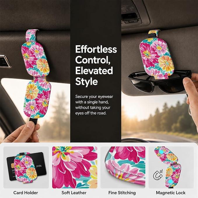 Sunglasses Holder for Car Visor, PU Leather Glasses Clip Organizer, Cute Magnetic Eyeglass Holder for Vehicle Sun Visor, Car Interior Accessory for Women & Men, Color Flowers - Image 5