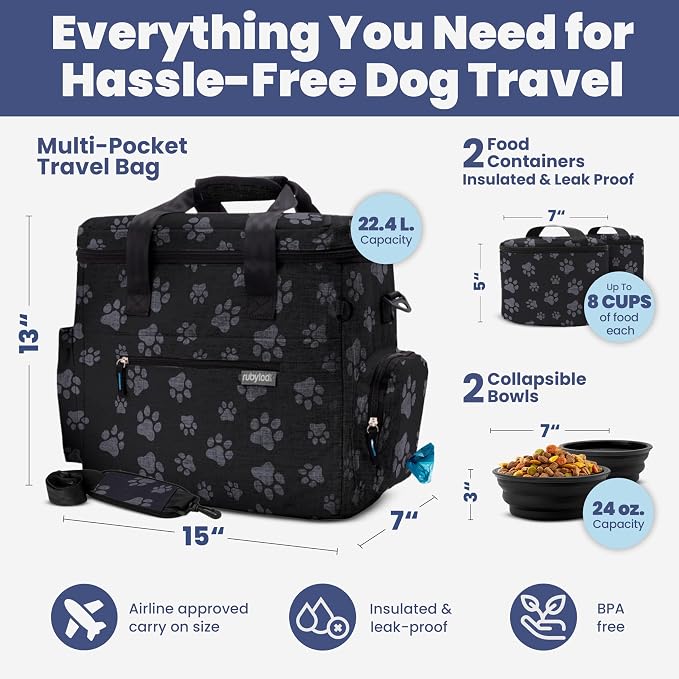 Rubyloo Original Doggy Bag™ Dog Travel Bag for Supplies with Travel Bowls | 2 BPA-Free Collapsible Bowls, 2 Pet Food Containers, TSA-Ready, Road Trips, Camping, Weekend Getaways, Doggy Gift, Paw Print - Image 3