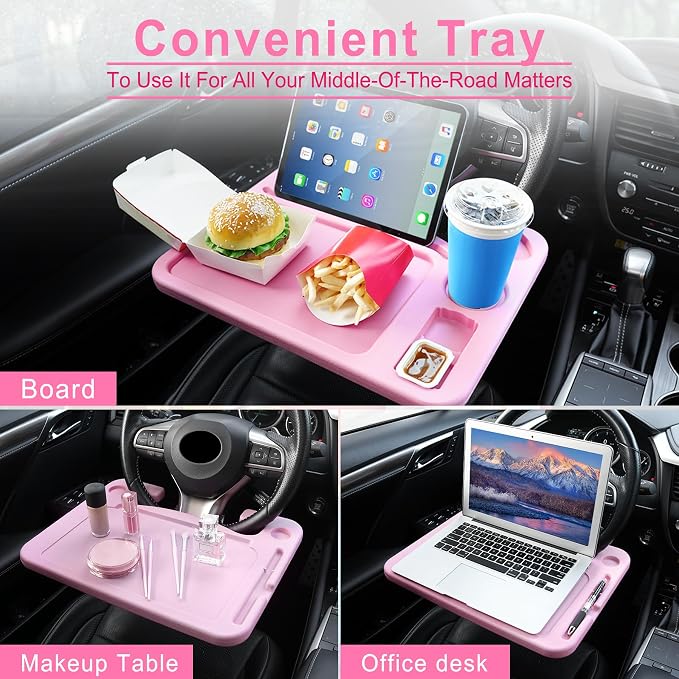 JUSTTOP 4 in 1 Car Steering Wheel Desk for Laptop,Versatile Upgraded Car Seat Tray,Spacious Steering Wheel Table with Tablet Holder and Dual Sauce Racks,Steering Wheel Under Table Console (Large+Pink) - Image 5