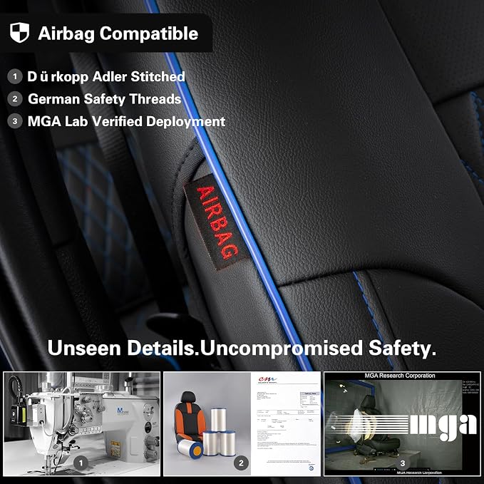 EKR Ram 1500 Seat Covers Custom Fit for (Crew Cab) RAM 1500 Tradesman 2019-2025 & Express 2026,Waterproof Leather Black Car Seat Cover for Trucks Full Set-Faux Leather (Black with Blue Piping) - Image 3