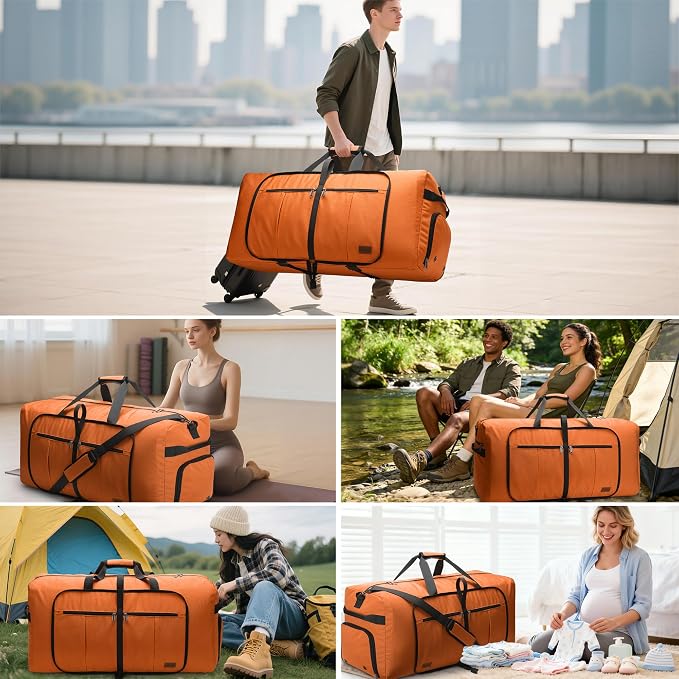 80L EXTRA LARGE Duffle Bag for Travel, 26" Foldable Travel Duffel Bag with Shoe Compartment for Men Women, Waterproof & Tear Resistant (Orange, EXTRA LARGE, 80L) - Image 7