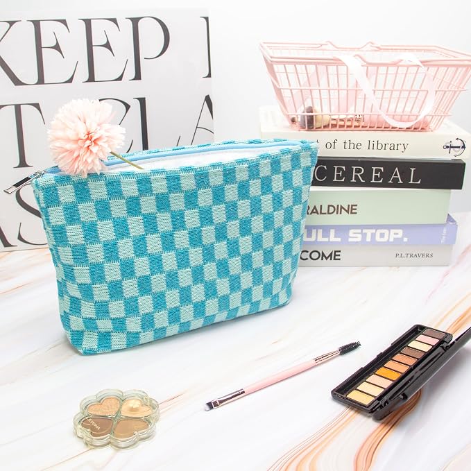 Checkered Makeup Bag for Purse, Small Flat Cosmetic Pouch,Lake Blue | Cute Zipper Makeup Organizer for Women, Travel Essentials, Toiletries, Makeup Brushes, Beauty Accessories&Bridesmaid Gifts - Image 3
