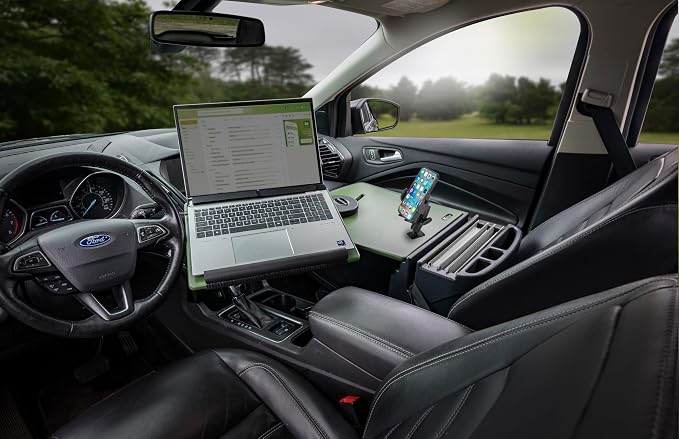 AutoExec Reach Desk Front Seat Car Desk and Portable Workstation with 400 watt Power Inverter, Phone Mount and Phone Vent Clip, Army Green - Image 5