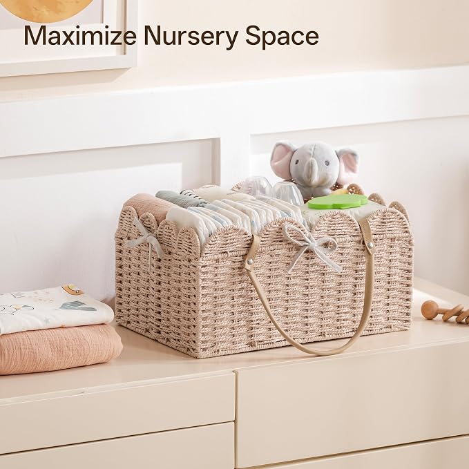 Angelhood Paper Rope Diaper Caddy, Scalloped Baskets with Removable Divider | Woven Floral Baby Diaper Organizer for Changing Table,Baby Shower Gifts,Portable Car Organizer for Diapers - Image 6