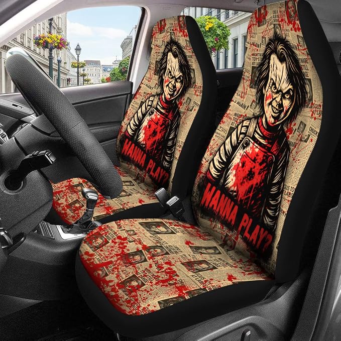 GENANY Creepy Doll Character Car Seat Covers, 2-Piece Front Seat Set | 2-piece polyester front seat cover set, each 49.5 x 19.6 inches, with adjustable straps and hooks - Image 3